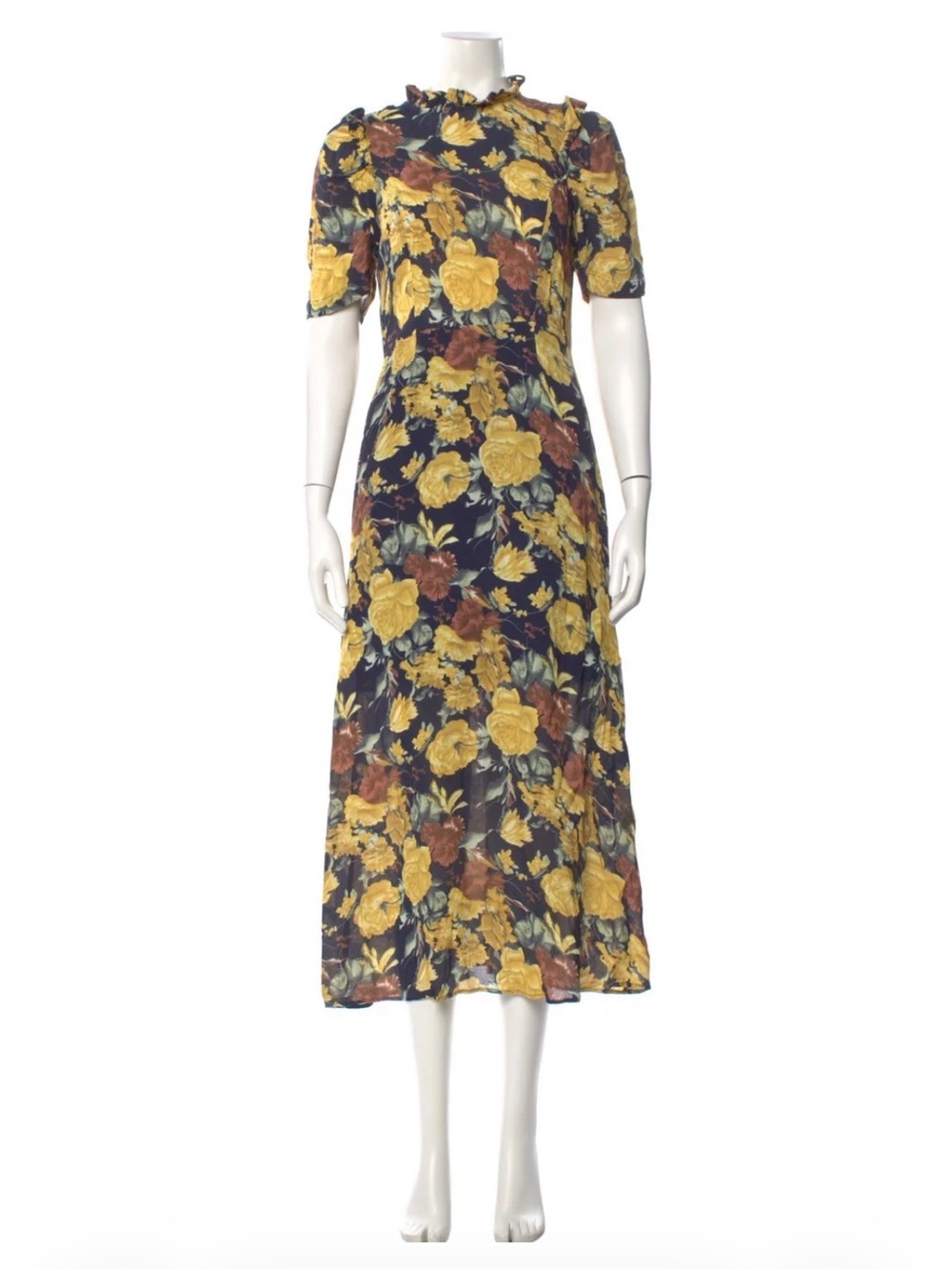 Sea New York Black Midi Dress with Yellow Rose Print